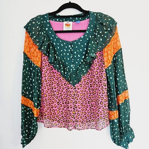 FARM RIO Anthropologie Renee Balloon Sleeve Henley Button Peasant Boho Blouse XS - Picture 6 of 15
